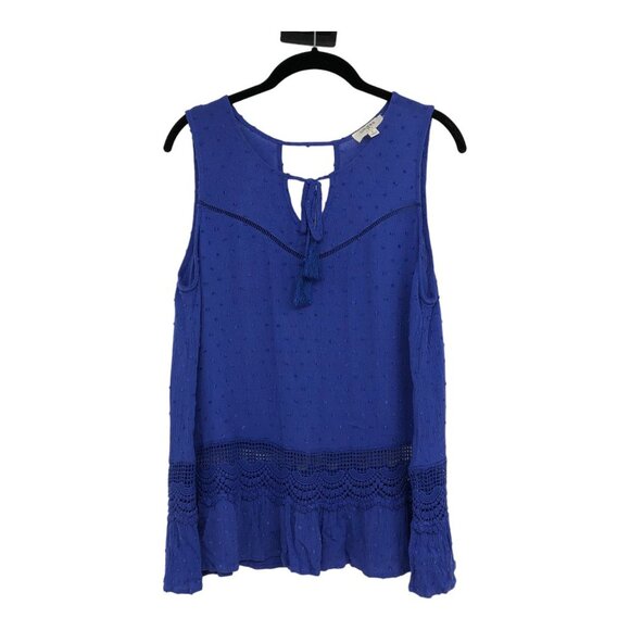 Umgee royal blue textured dot detail flowy ruffle tank top crochet hem SP - Picture 14 of 14
